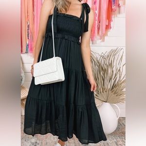 Black Smocked Tie Strap Dress SMALL